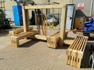 Reclaimed surplus softwood frame for Benches UH Project for Pause Installation LONDON FESTIVAL OF ARCHITECTURE
